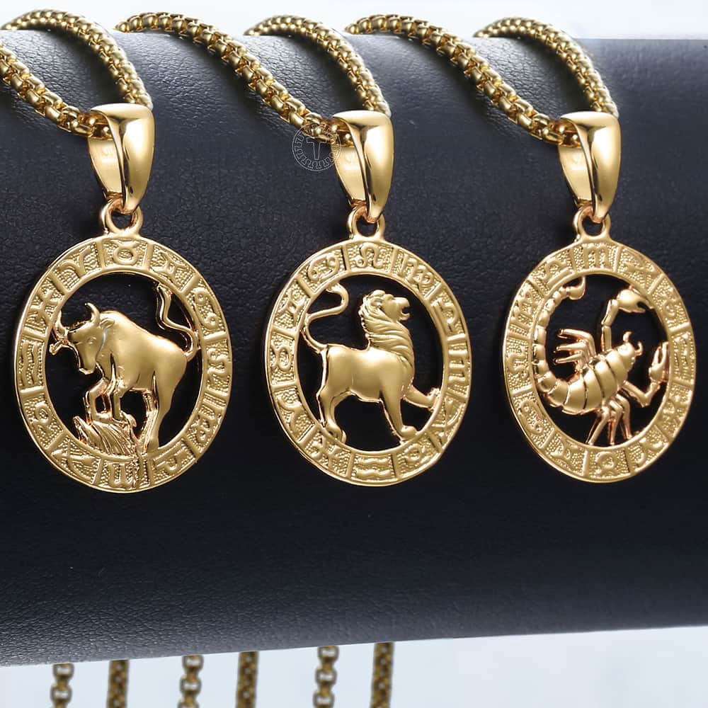 12 Horoscope Zodiac Sign Gold Color Pendant Necklace Unisex