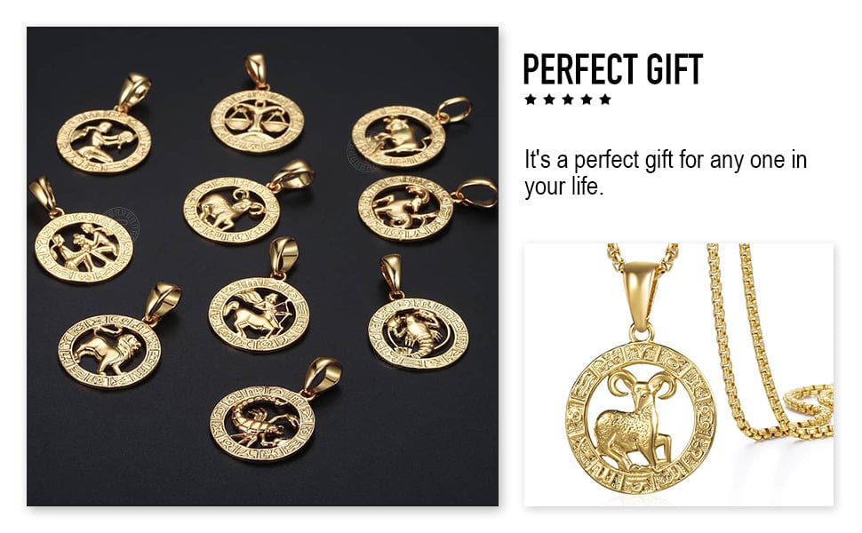 12 Horoscope Zodiac Sign Gold Color Pendant Necklace Unisex