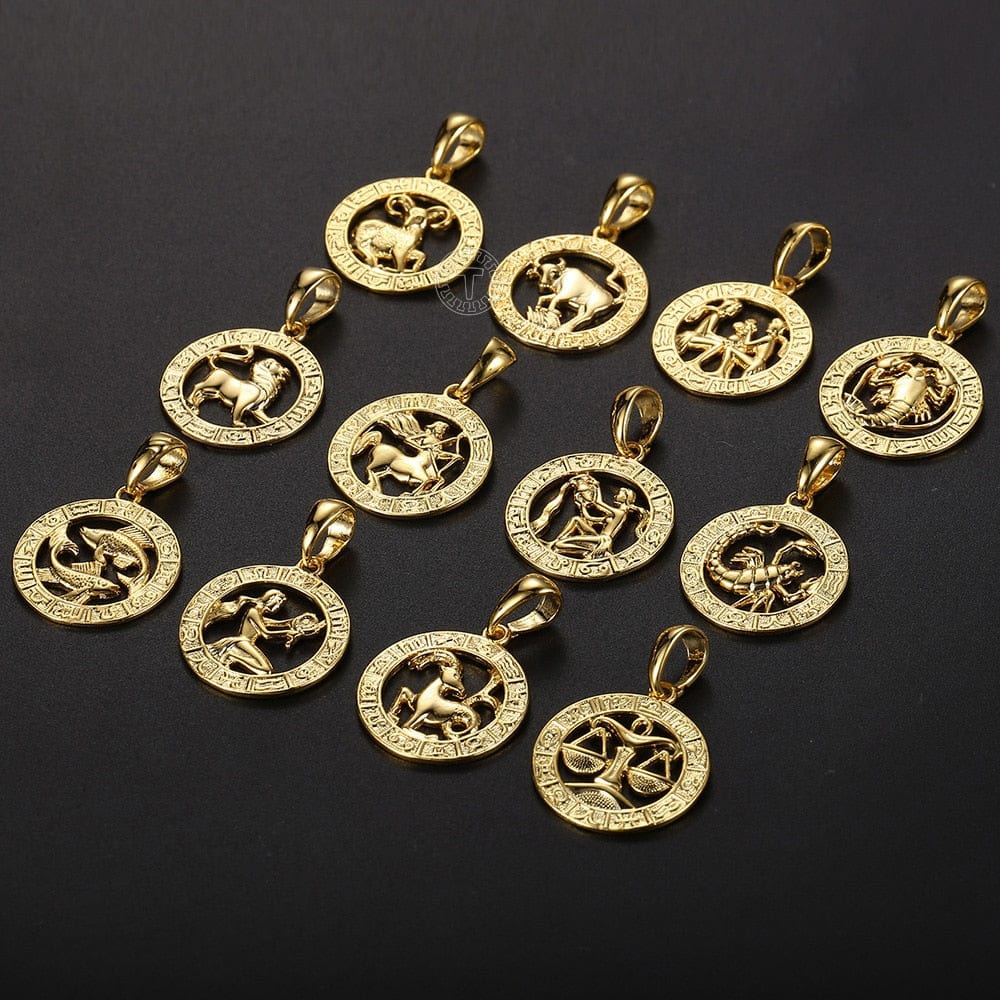 12 Horoscope Zodiac Sign Gold Color Pendant Necklace Unisex