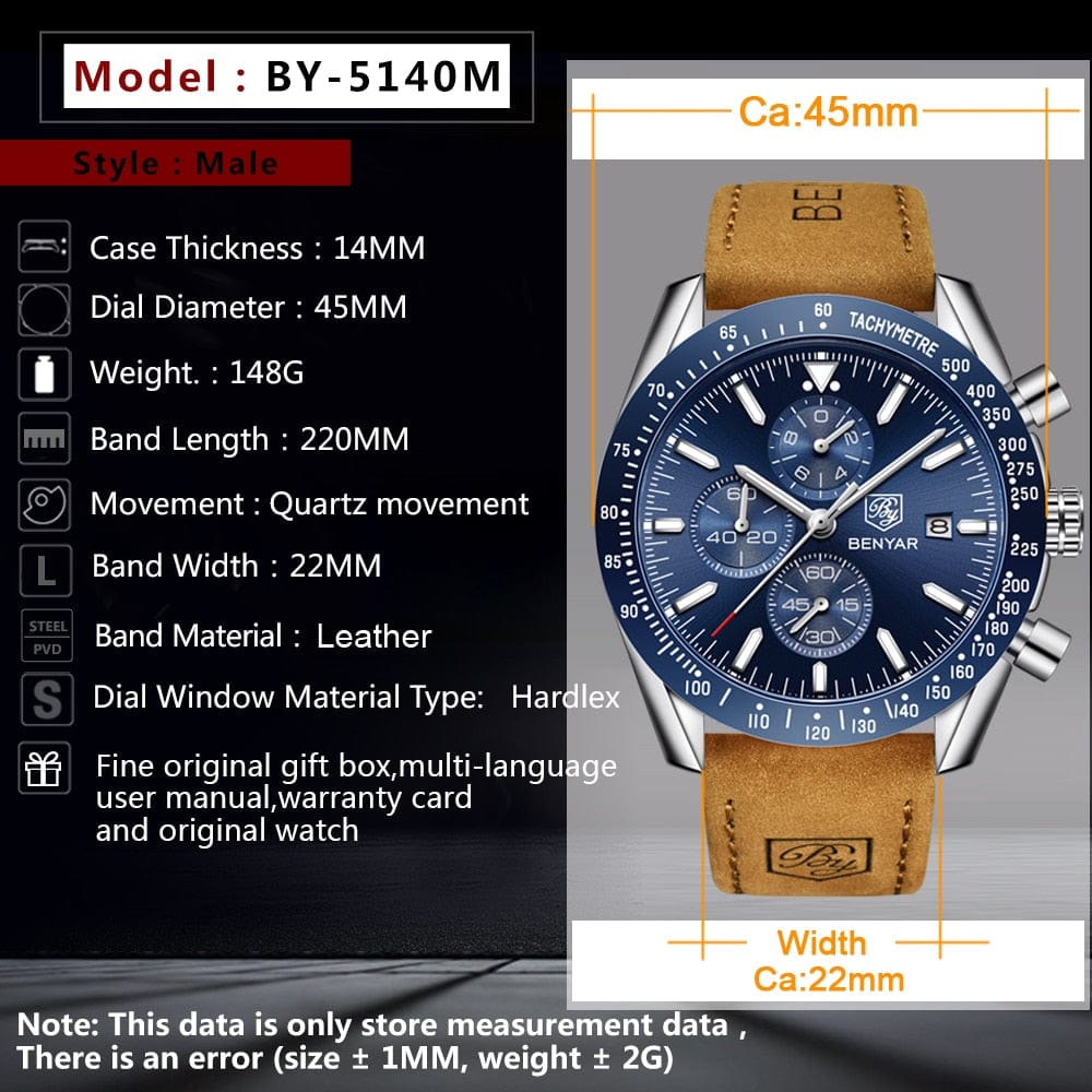 BENYAR Men's Full Steel Quartz Luxury Waterproof Watch