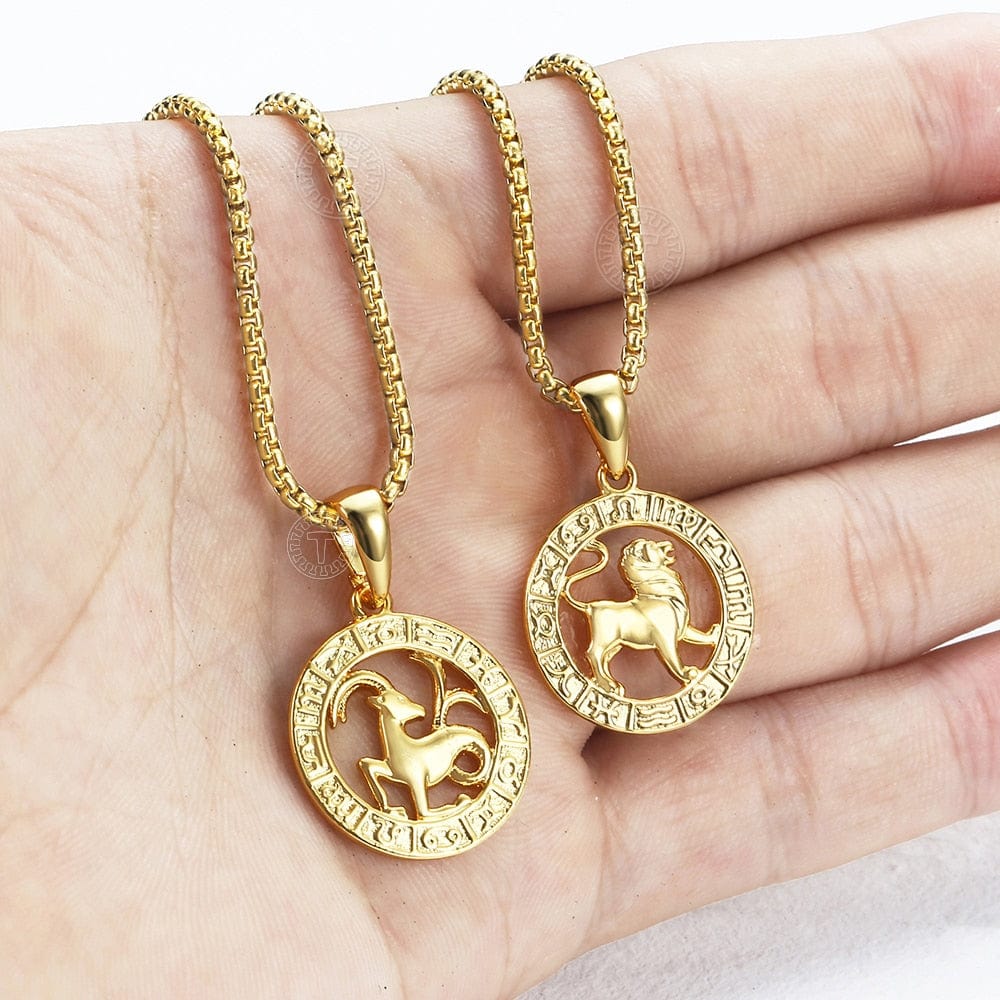 12 Horoscope Zodiac Sign Gold Color Pendant Necklace Unisex