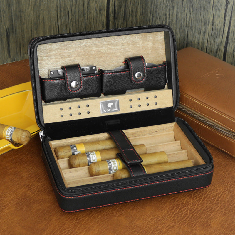 Portable Cedar Wood Leather Cigar Box Humidor