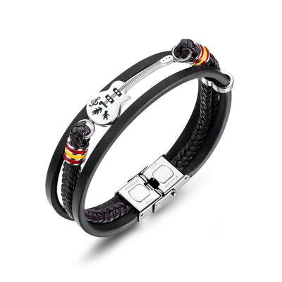 Pulsera - Pulsera de guitarra de cuero trenzado multicapa punk para hombre