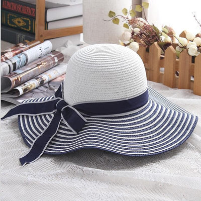 Women's Hepburn Wind Black White Striped Bowknot Large Brimmed Sunscreen Hat