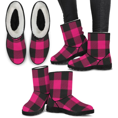 Women's Faux Fur Boots - Pink Plaid - GiddyGoatStore