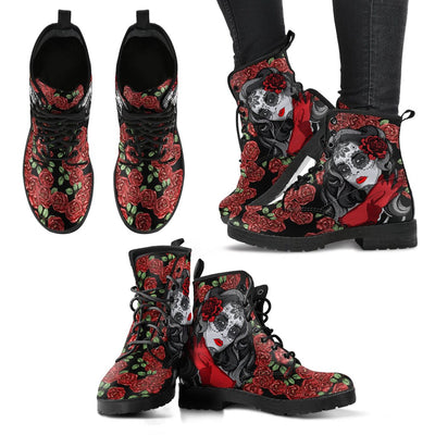 Leather Boots - Red Rose Calavera Women's - GiddyGoatStore