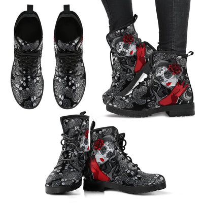 Leather Boots - Black Roses Calavera Women's - GiddyGoatStore