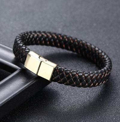 Pulsera - Pulsera de cuero trenzado negro/azul para hombre con cierre magnético de acero inoxidable