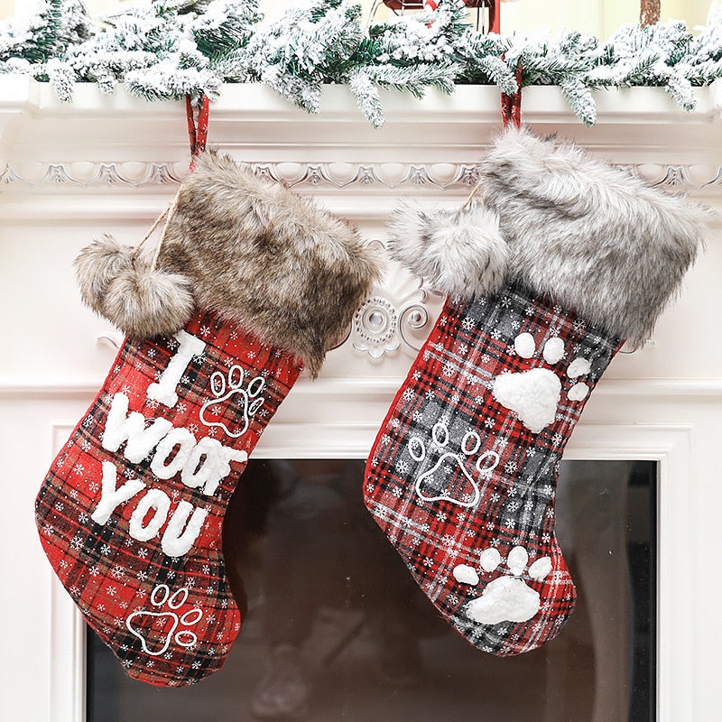 Christmas Stocking Decorations Fur Collar with Dog Paw