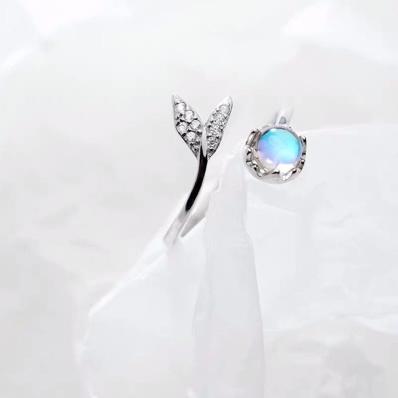 Ring - Women's 925 Sterling Silver Cute Fish Tail Whale Tail With Moonstone Adjustable Ring
