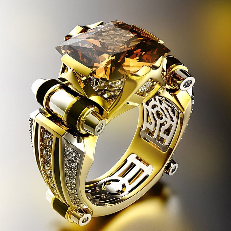 Ring - Men's Vintage Gold With Black Stone Steampunk Ring