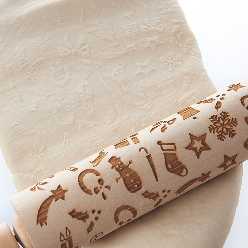 Christmas Deer Tree Snow Star Wood Rolling Pin