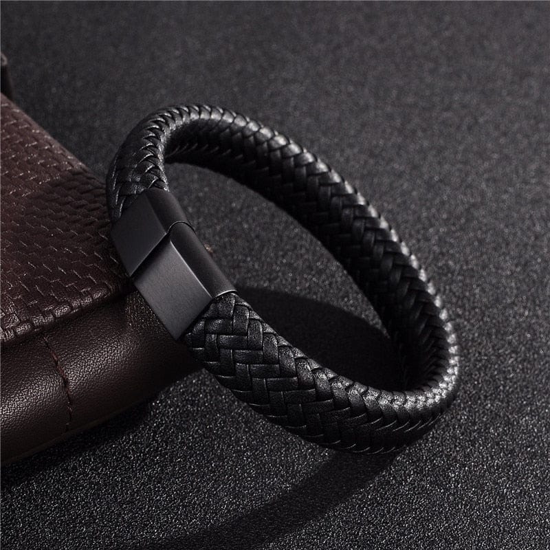 Bracelet -  Braided Leather Bracelet with Stainless Steel Magnetic Clasp