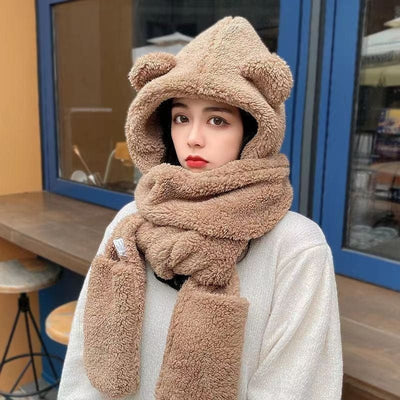 3 In 1 Plush Bear Cat Dog Hat Scarf Glove Thick And Warm Set