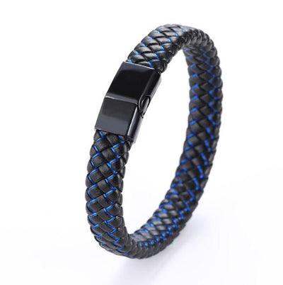 Pulsera - Pulsera de cuero trenzado negro/azul para hombre con cierre magnético de acero inoxidable