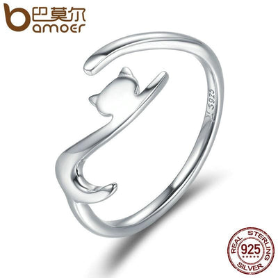 Ring - Women's BAMOER 925 Sterling Silver Sticky Cat with Long Tail Finger Ring