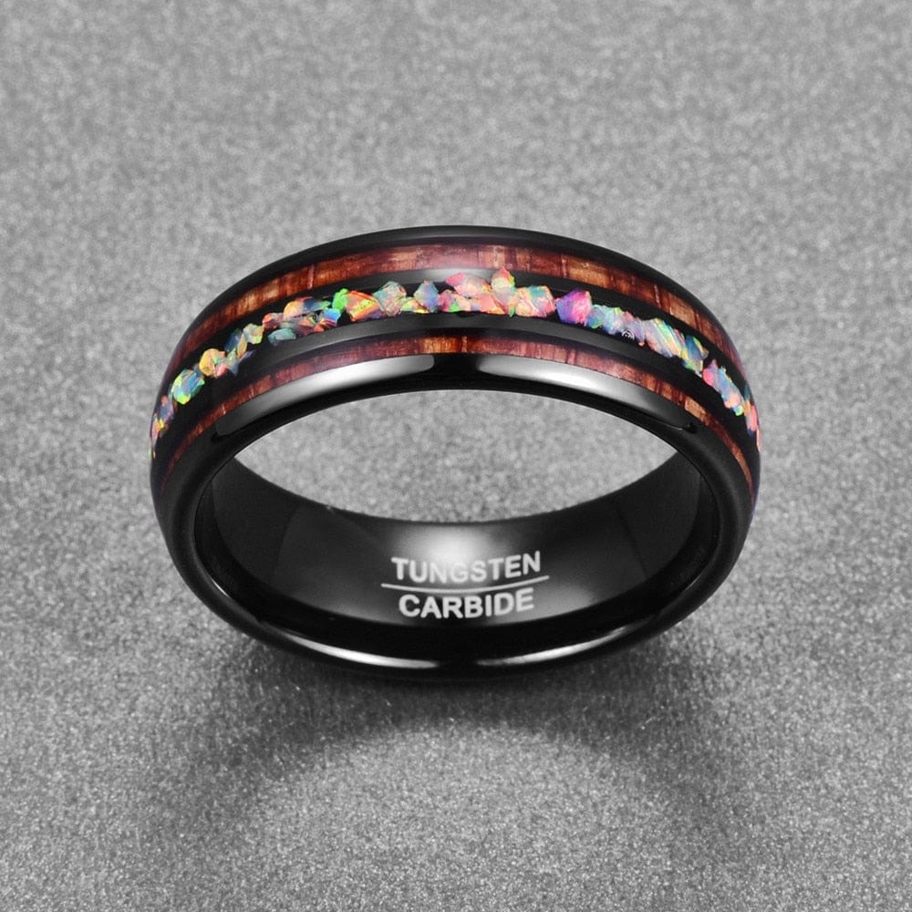 Ring - Men's 8mm Tungsten Carbide Nuncad Black Dome Acacia Wood Opal Ring