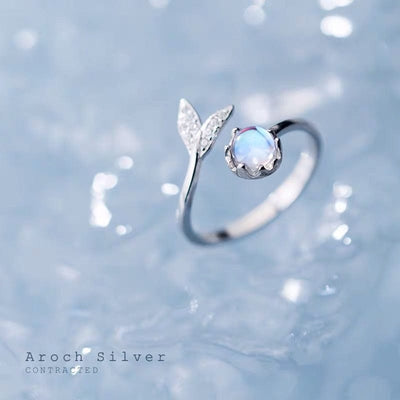 Ring - Women's 925 Sterling Silver Cute Fish Tail Whale Tail With Moonstone Adjustable Ring