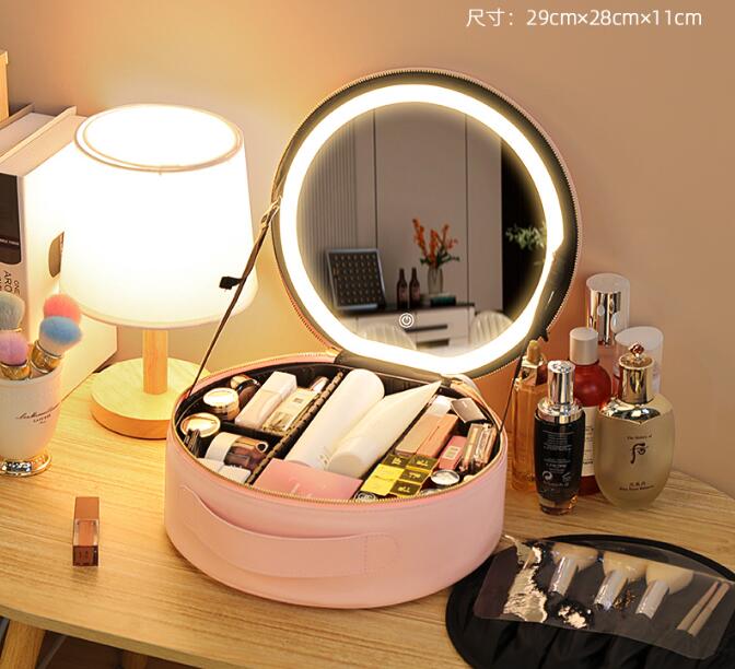 Round Mirror And Light Rechargeable Makeup Bag