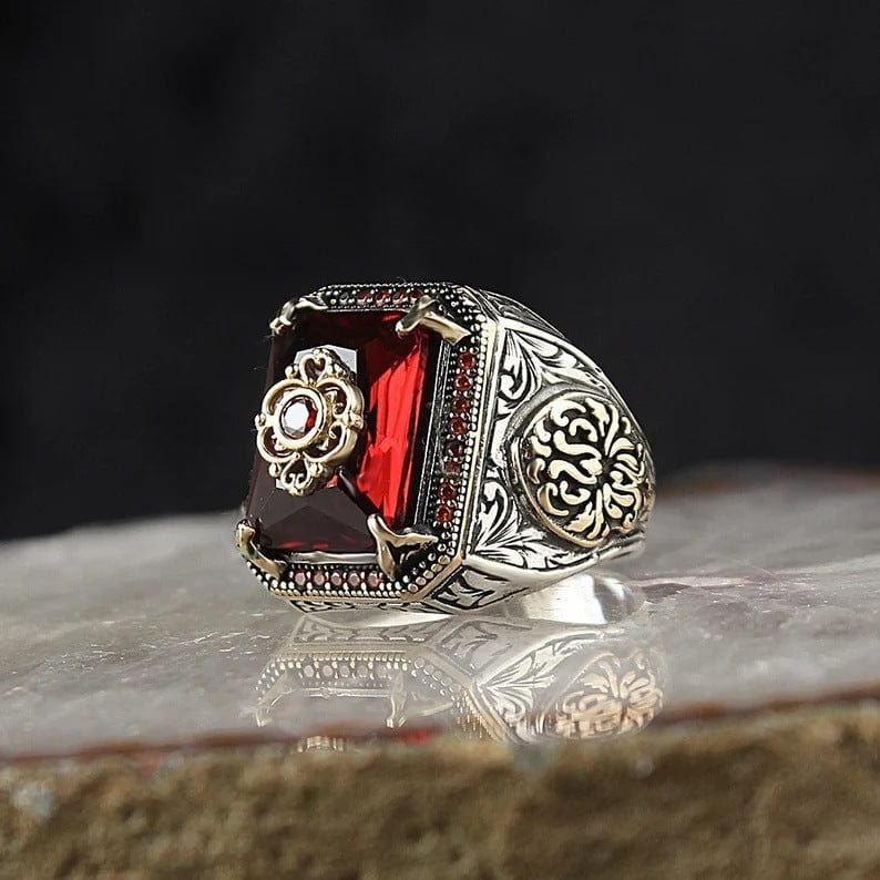 Ring - Men's Vintage Tribal Texture Aquamarine Zircon Ring