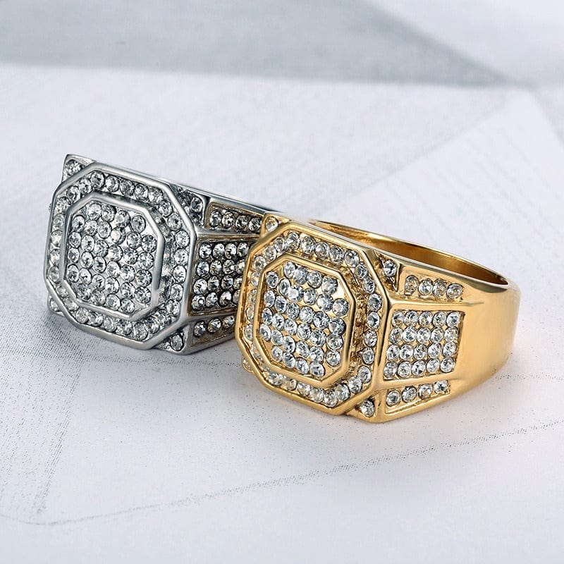 Ring - Men's Gold Plated Full of CZ Diamonds Titanium Steel Ring