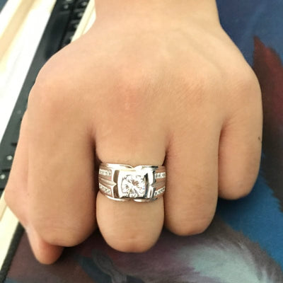 Ring - Men's 925 Silver Ring 1 Carat Cubic Zirconia Diamond Wedding Ring