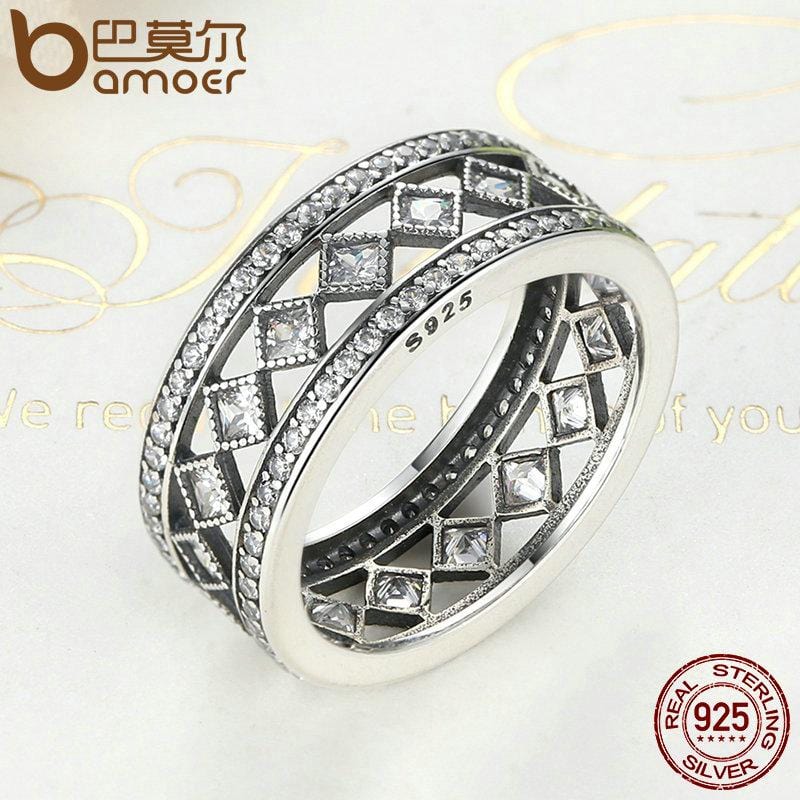 Ring - Women's BAMOER 925 Sterling Silver Square Vintage Fascination Ring