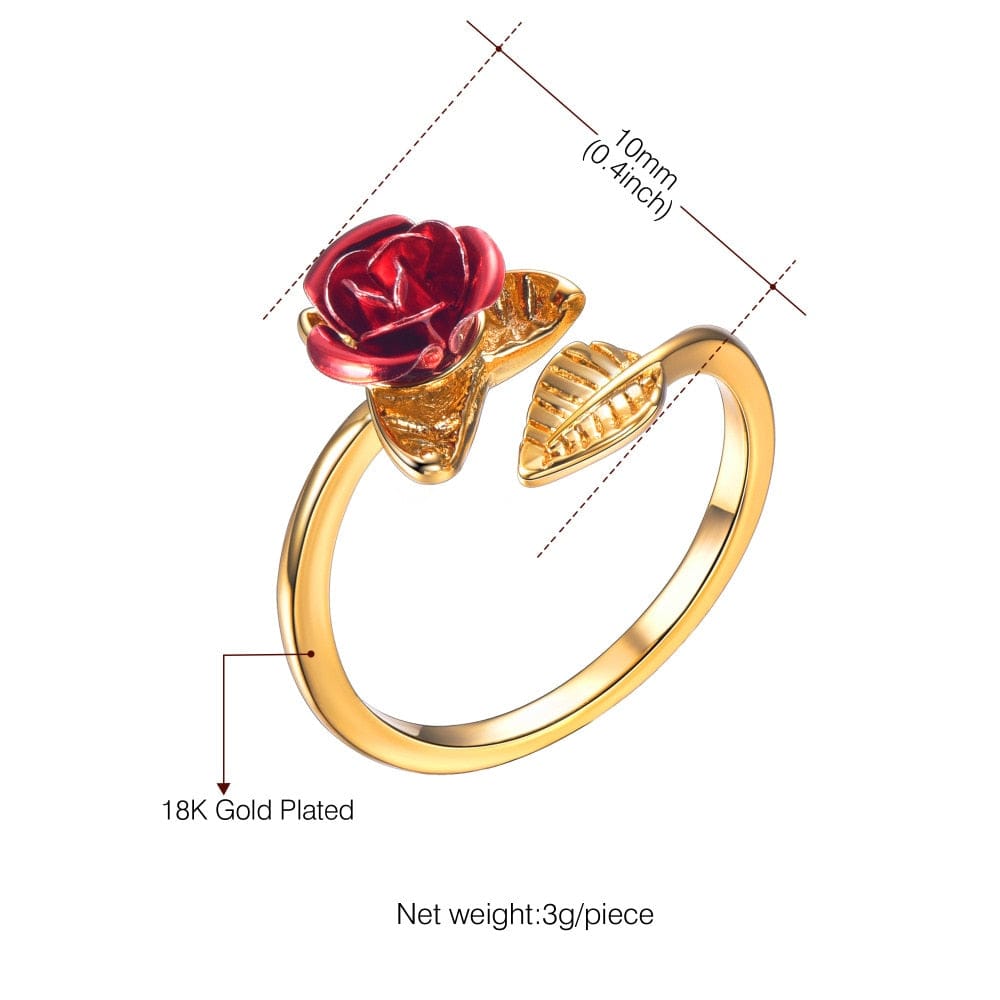 Ring - Women's Red Rose Garden Flower Leaves Adjustable Ring