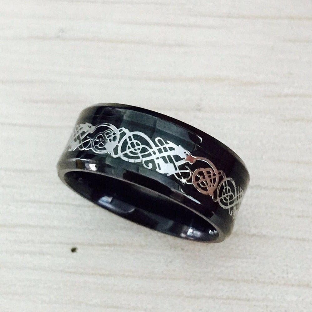 Ring - Men's Black 316L Stainless Steel Blue Carbon Fiber Dragon Wedding Ring
