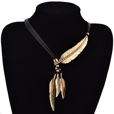 Necklace - Women's Feather Leaf Black Leather Rope Multi layered Tassel Necklace