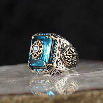 Ring - Men's Vintage Tribal Texture Aquamarine Zircon Ring