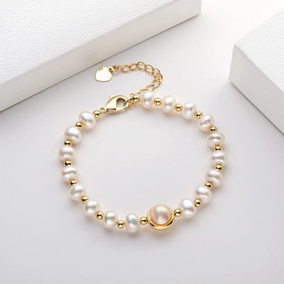 Pulsera - Pulsera de lujo de oro de 14 quilates con perlas naturales de agua dulce para mujer
