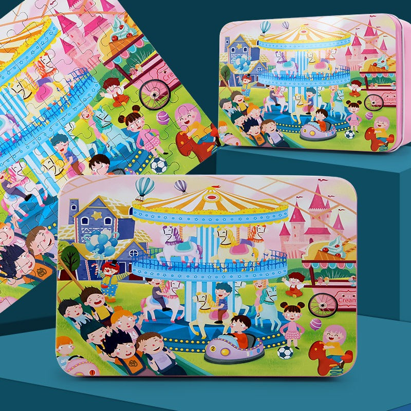 Children's 100-Piece Wood Puzzle In Tin Box Puzzles