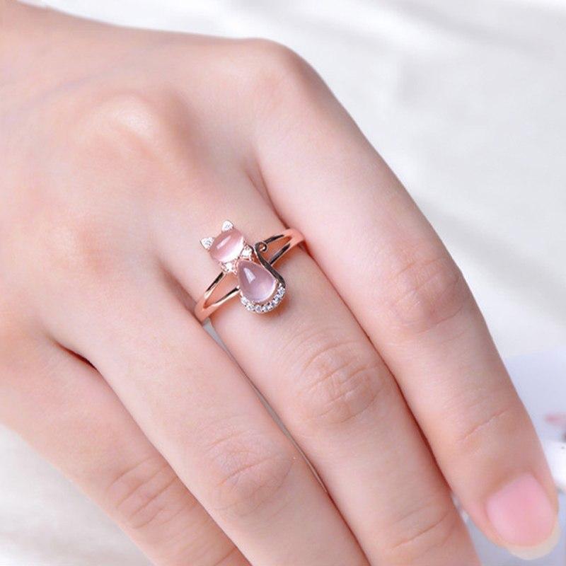 Ring - Women's CZ Ross Quartz Crystal Pink Opal Cat Ring