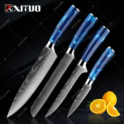 Set Of Exquisite Blue Resin Laser Damascus XITUO Kitchen Chef Knife