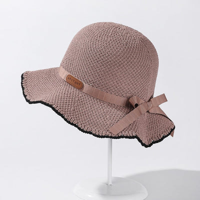 Women's Wavy Bow Ribbon Breathable Straw Sunscreen Hat