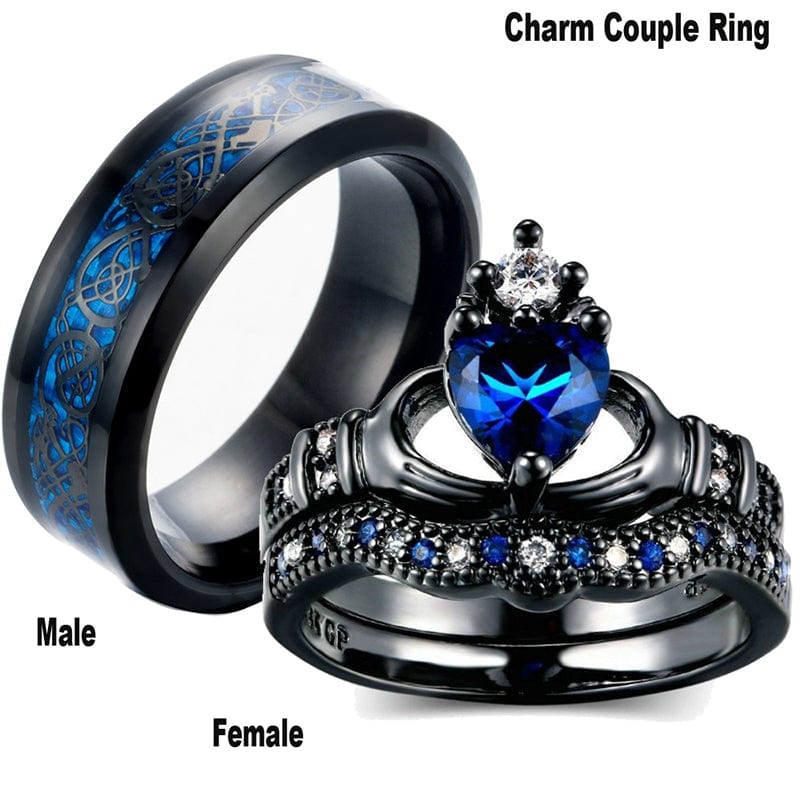 Ring - Unisex Carofeez Black Blue Zircon Charm Stainless Steel Wedding Couples Ring