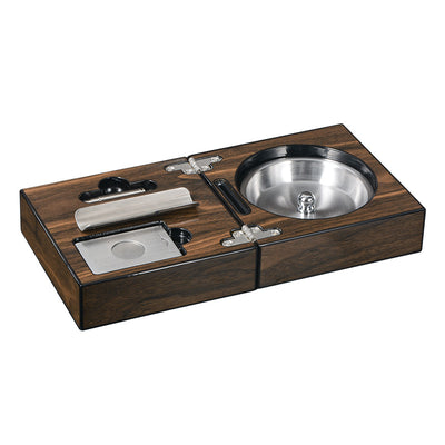 Foldable Walnut Wood Cigar Ashtray Box With Cigar Cutter Holder And Hole Opener