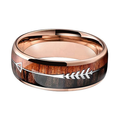 Ring - Unisex Double Wood Inlay With Arrow  Art Rose Gold Tungsten Wedding Ring