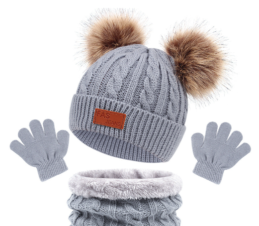 Children's Double Ball Hat, Scarf, Glove Three Piece Sets