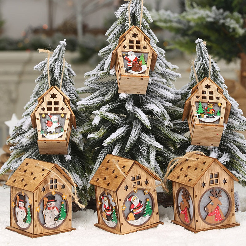 LED Wood House Christmas Tree Ornament
