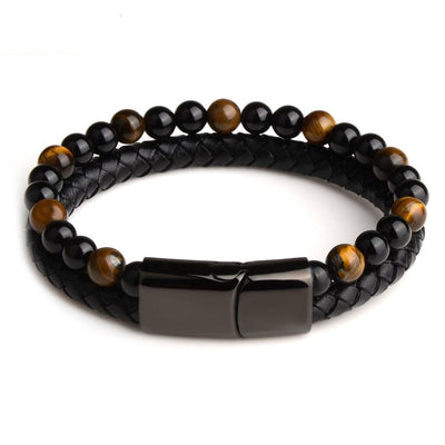 Bracelet - Men's Genuine Braided Leather Natural Stone Black Stainless Steel Tiger Eye Bracelet