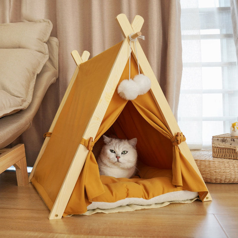 Pet Tent Removable and Washable Canvas Solid Wood Cat Dog Bed