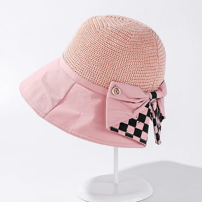 Wide-Brimmed Checkerboard Style Paper Straw Sunshade Women's Fisherman Hat