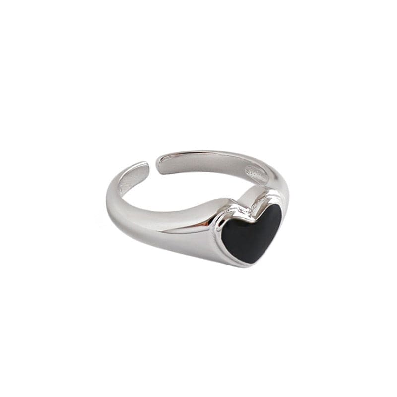 Ring - Women's Black Enameled Heart S925 Sterling Silver Adjustable Ring