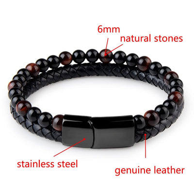 Bracelet - Men's Genuine Braided Leather Natural Stone Black Stainless Steel Tiger Eye Bracelet