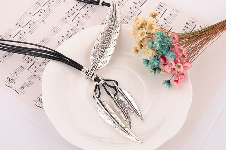Necklace - Women's Feather Leaf Black Leather Rope Multi layered Tassel Necklace