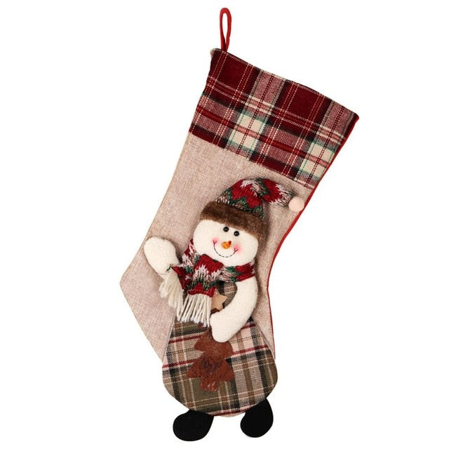 Christmas Stockings - Plaid Burlap Santa Clause Deer Snowman Large Xmas Stocking