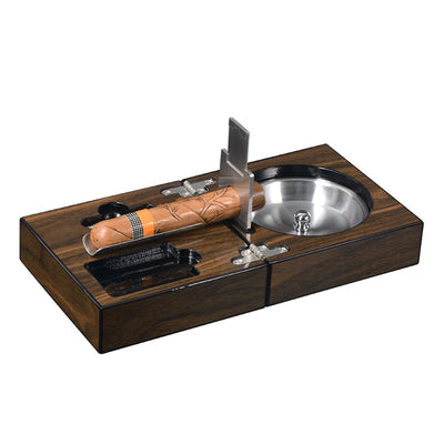 Foldable Walnut Wood Cigar Ashtray Box With Cigar Cutter Holder And Hole Opener