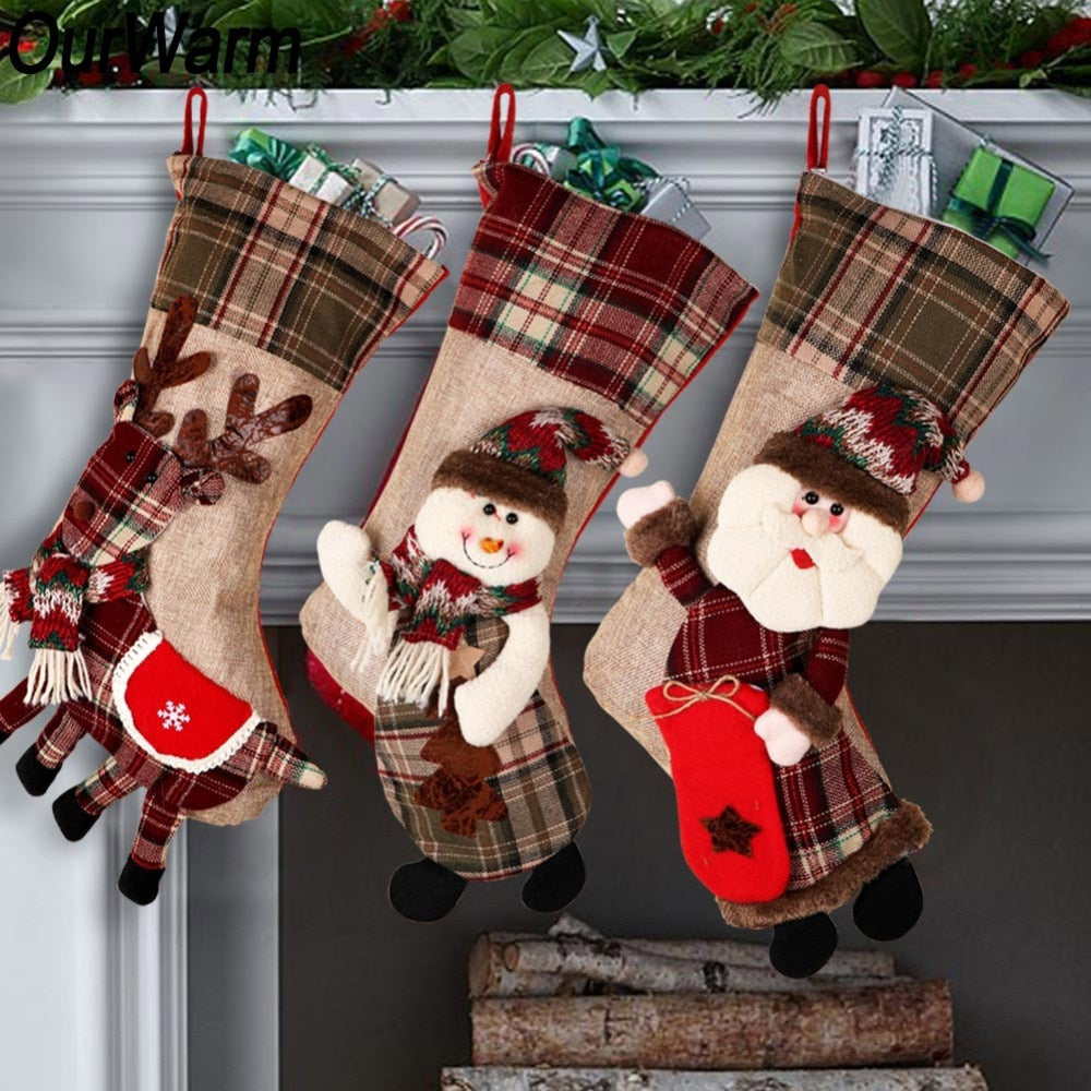 Christmas Stockings - Plaid Burlap Santa Clause Deer Snowman Large Xmas Stocking